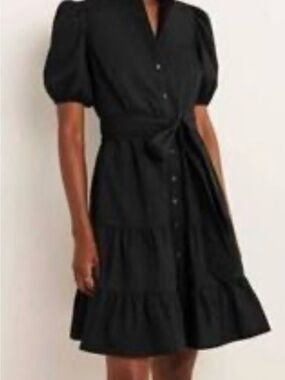 Boden Black Puff-Sleeve Button-Front Mini Dress with Self-Tie Waist